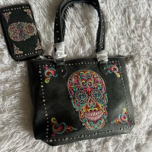 New with Tags! Studded embroidered sugar skull leather bag & matching wallet